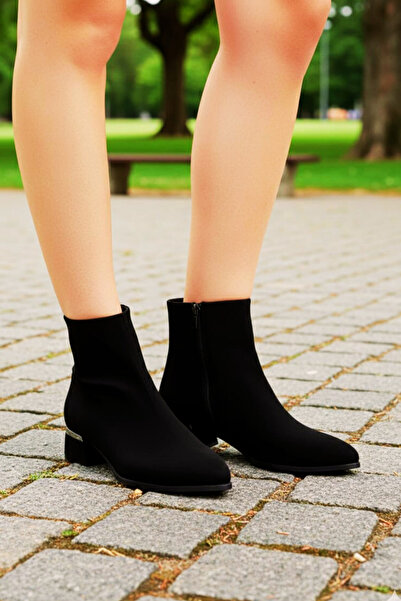 Weynes Kadın Siyah Süet Sade 3 Cm Topuklu Sivri Burun Bot WSB1164
