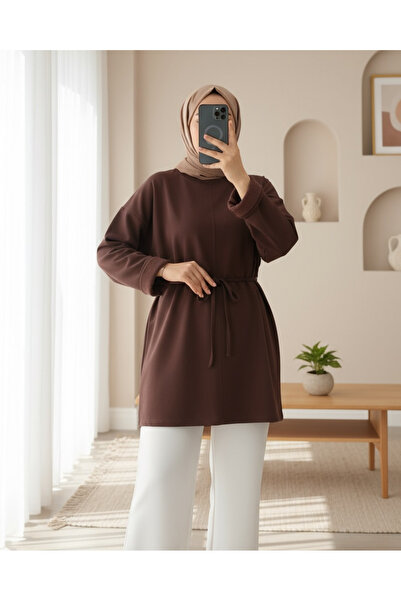 HİJABAYA Kolu Katlı Beli Bağlamalı Yırtmaçlı Kompakt Penye Tunik