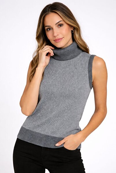 MG Sim Detailed High-Necked Gray Knit Sweater