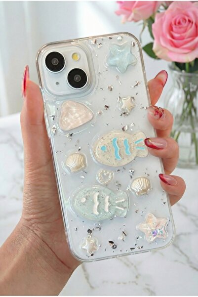 Fibaks Apple iPhone 13 - 14 - 15 Kılıf Simli Mavi Balık ve Deniz Kabuğu Desenli Tasarımlı Silikon Kapak
