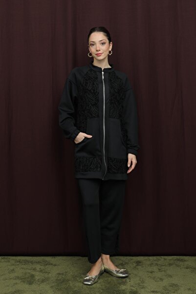 Puane Kadın Dantel Detaylı Hakim Yakalı Fermuarlı Takım - 14387TKS - BLACK