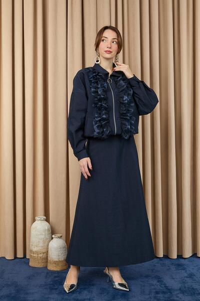 Loreen Women's Ruffle and Lace Detailed Zippered Jacket Set - 20707Tkm - Navy