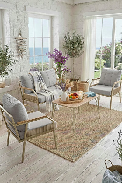 UFUK HOME Daisy Makrome Örgülü 211 Masalı Gri Balkon & Bahçe Mobilyası Seti Balkon Takımı