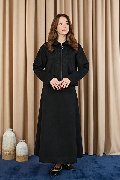 Puane Kadın Nakış Detaylı Fermuarlı Scuba Süet Ceket Takım - 14396TKM - BLACK