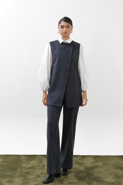 Puane Γυναικείο Ασύμμετρο Σετ Γιλέκο από Καστόρι με Λεπτομέρειες - 14395TKM - NAVY