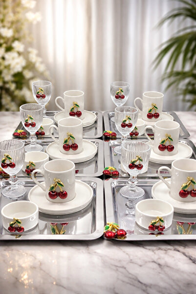 YzHome 6 Kişilik Kiraz PORSELEN Kahve Fincan Takımı Seti Kahve Yanı Bardak Ve Kare Metal Sunum Tepsi