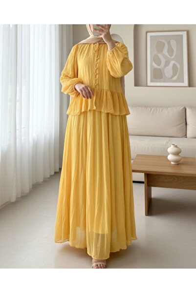 Modamorfo Yakası Fırfırlı Düğmeli Şifon Kraş Etekli Takım -Sarı