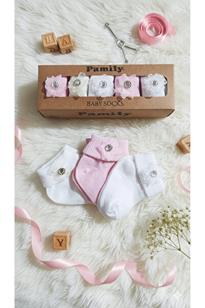 baby socks 5'li Beyaz Krem Pembe Premium Gül Elmaslı Kız Bebek Çorabı 0-6 Ay