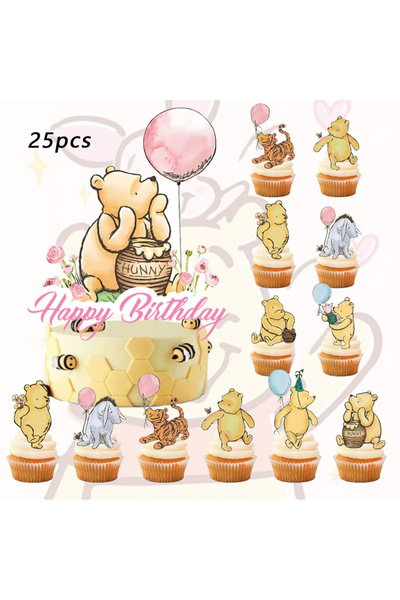 Miniso 25pcs Winnie the Pooh Cake Topper、Cupcake Toppers，Winnie the Pooh Birthday Decorations， Theme Party
