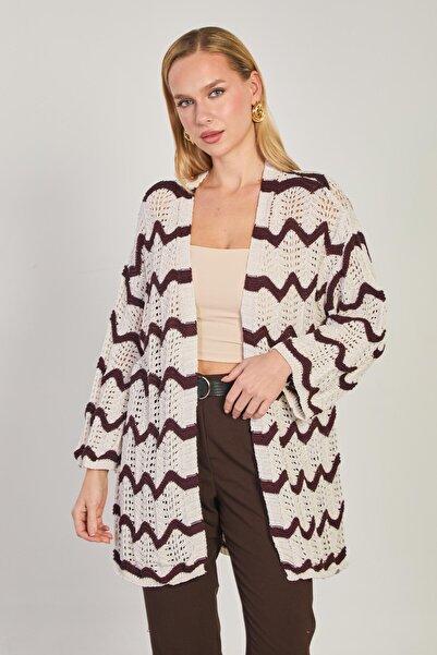 BARRELS AND OIL Women's zigzag striped long cardigan - burgundy/off-white