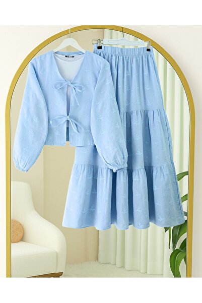 Modamorfo طقم موسلين بتفاصيل تطريز وأربطة أمامية - أزرق فاتح