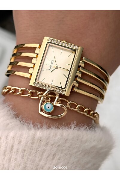 Ferrucci Çelik Kordon , Sarı Renk Kaburga / Kelepçe Model , Kadın Kol Saati Bileklik Hediyeli