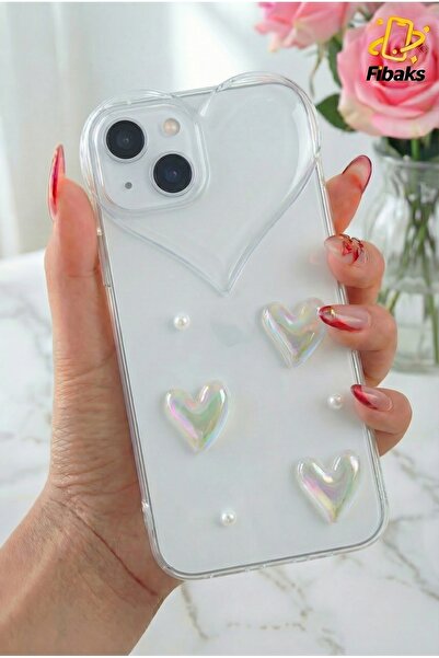 Fibaks Apple iPhone 13 Kılıf Kalpli İnci Desenli Kalp Kamera Tasarımlı Şeffaf Kamera Korumalı Silikon Kapak