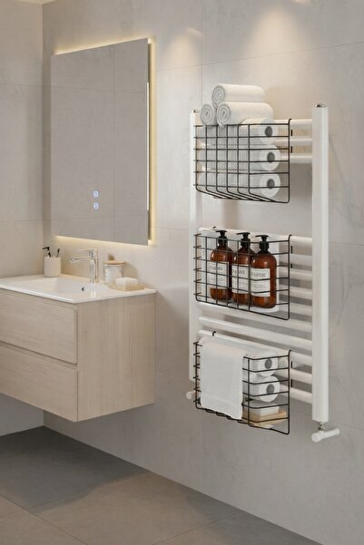 Sas Haus رف حمام متعدد الأغراض من نوع Petek – حامل مناشف معدني وسلة تنظيم 3 قطع باللون الأسود