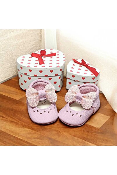 MİNİBİRİ Prenses Model Lila Payet Fiyonklu Hakiki Deri Bebek Makosen Patik Be...