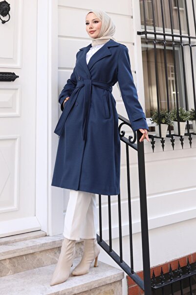 Missvalle Kuşaklı Kaşe Kaban Lacivert 19271