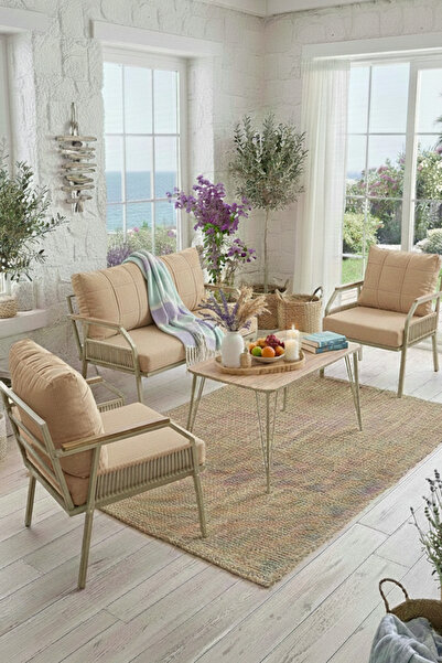 UFUK HOME Daisy Makrome Örgülü 211 Masalı Bej Balkon & Bahçe Mobilyası Seti B...