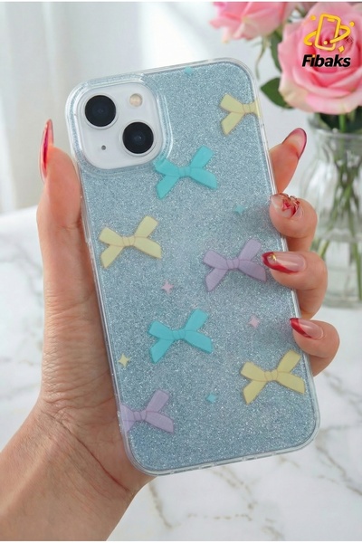 Fibaks Apple iPhone 13/14 Uyumlu Kılıf Mavi Simli Renkli Fiyonk Desenli Parla...