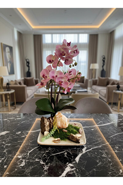 Flower Pembe Yapay Orkide Aranjmanı | Rustik Kütük ve Kayaç Detaylı