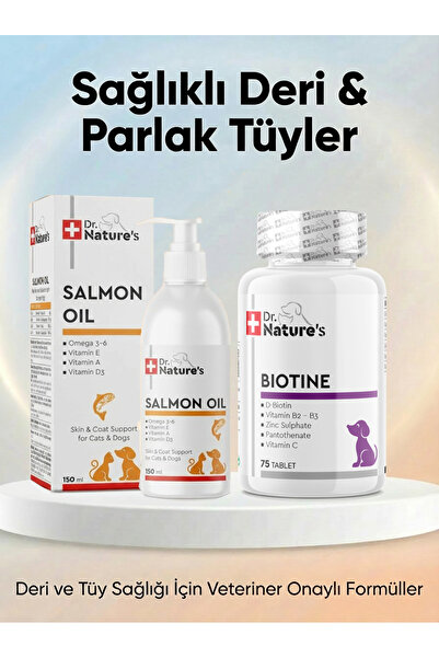 Dr. Nature's Köpekler İçin Tüy Sağlığı Destek Seti – Biotin 75 tablet+ Somon Balık yağı 150 ml