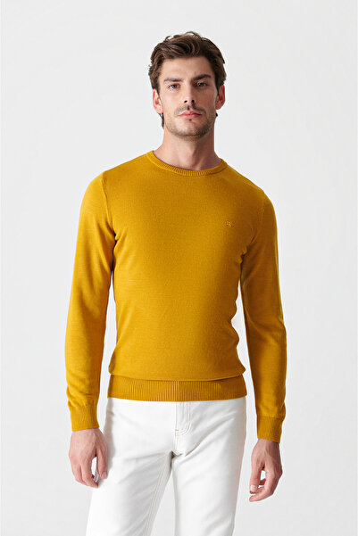 Avva Erkek Hardal Bisiklet Yaka Tüylenmeyen Triko Regular Fit Kazak E005000