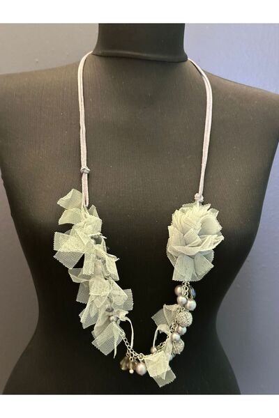 Gönülden Tasarım Gray Beaded Tulle Design Women's Necklace 44 cm