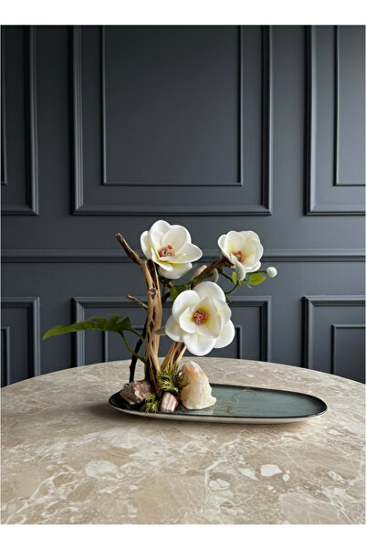 Flower Yapay Çiçek Koleksiyonu | Ortanca & Manolya Serisi | Kayaç ve Doğal Kütük Detaylı Masa Dekoru