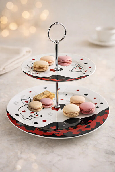 Cats By Luyano 2 Katlı Servis Kalpler Tabak Sunum Porselen 27-20cm Metal Saplı Beyaz Siyah Kırmızı Kedili 1 Adet