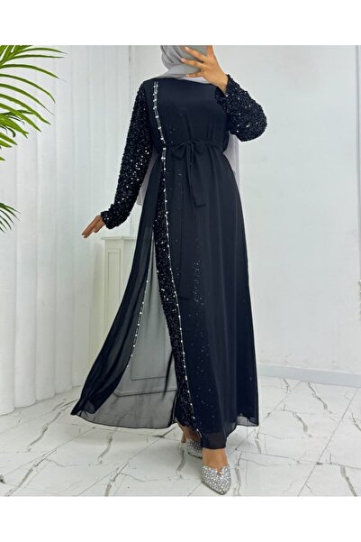 Modamorfo Chiffon Evening Dress with Sequin Belt on Sleeves -Black