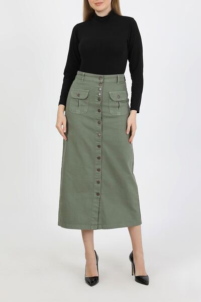 VELLICHOR Full Buttoned Hem Pocket Hijab Skirt Khaki