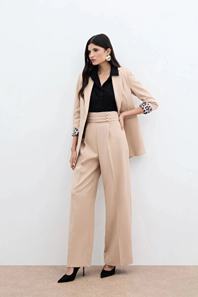 Sateen Панталон с детайлна талия - Бежов