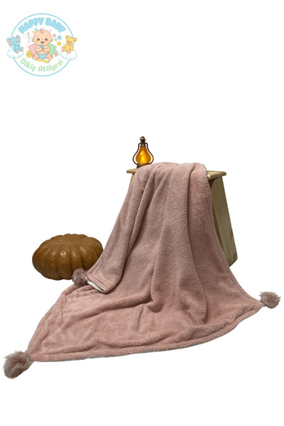 Happy Baby Dikiş Atölyesi Wellsoft Bebek Battaniyesi Pamuklu Ponponlu Pembe