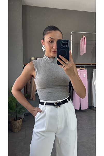 YOUR NAME Bluză lungă de damă, gri deschis, fără mâneci, pe jumătate cu gât