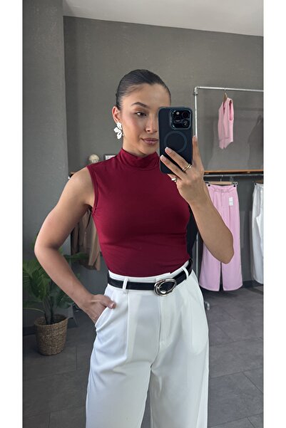 YOUR NAME Μισό ζιβάγκο αμάνικο μπορντό γυναικεία μακριά μπλούζα