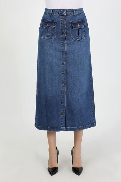 VELLICHOR Boydan Düğmeli Körük Cepli Tesettür Etek Koyu Mavi