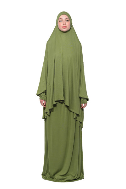 Altobeh Πρακτικό φόρεμα προσευχής δύο τεμαχίων βαμβακερό μανίκι νυχτερίδας με μαντίλα βιολογικό χιτζάμπ-πράσινο φιστίκι