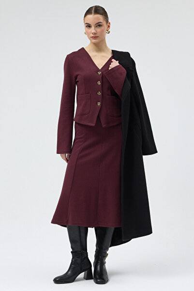 Rays Plum Pocket Buttoned Cardigan and Long Skirt Set 3109A