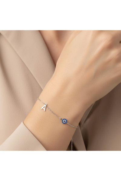 Soleildor Nazar Boncuklu Harf Gümüş Bileklik