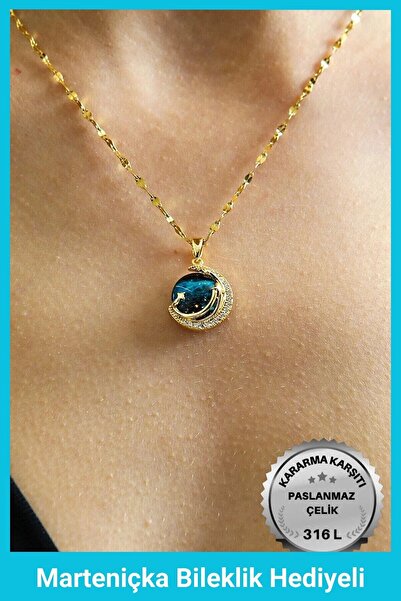 Kuşkaya Ticaret Gökyüzü Kadın Kolye - Kararmaz - Çelik | Hediye Paketi | Uzay - Dünya - Gezegen Temalı
