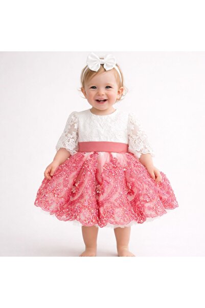 Hobidik فستان منفوش من الدانتيل الفرنسي باللون الأبيض للأطفال الرضع