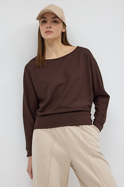 Rays Brown Boat Neck Batwing Sleeve Shirred Blouse 8316A