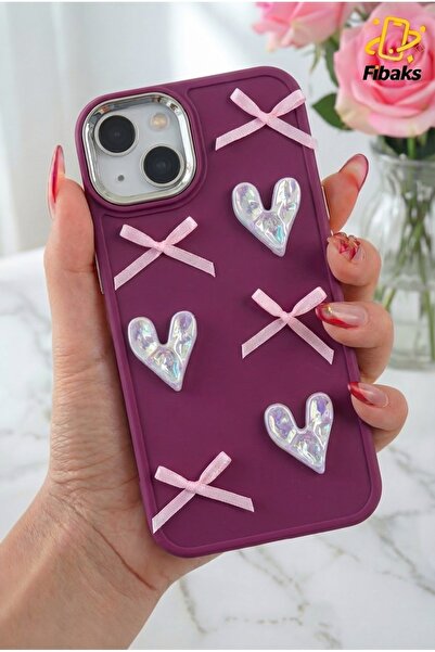 Fibaks Apple iPhone 13/14 Kılıf Kamera Çıkıntılı Kalpli Fiyonk Desenli Bordo ...