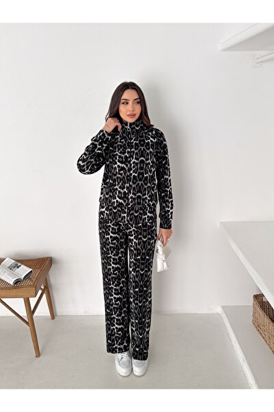 Velista Kadın Leopar Desenli Fermuarlı Genis Paça Eşofman Takımı