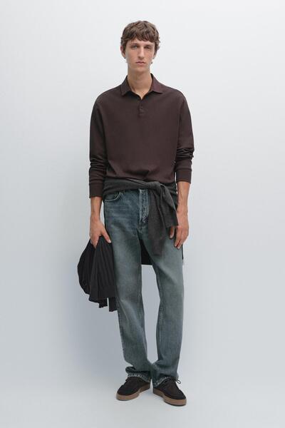 Massimo Dutti Kontrast yakalı uzun kollu polo t-shirt