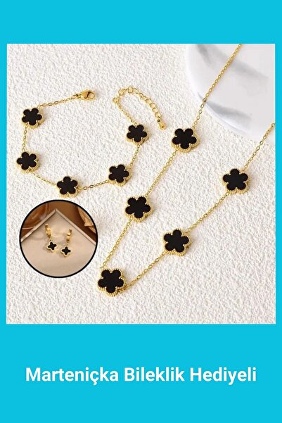 Kuşkaya Ticaret Yonca Paslanmaz Kararmaz Çelik Gold Siyah Kolye Bileklik Küpe...