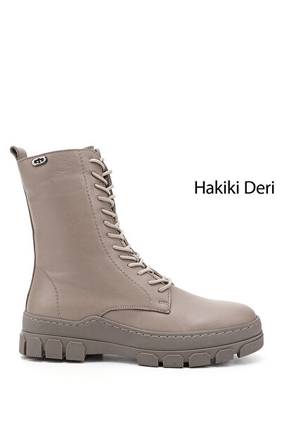 GÖNDERİ(R) Kadın Bej Fermuarlı Kauçuk Taban Hakiki Deri Postal Bot