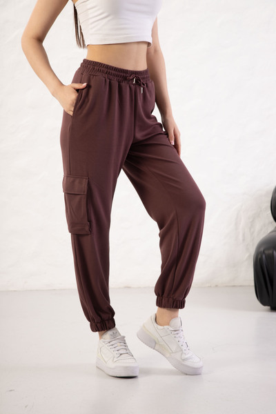 YusGos Women's Soft Textured Modal Fabric Pocket Detailed Elastic Leg Cargo Pants