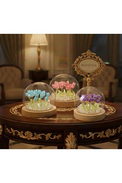 Manessa Fanus İçinde Lale Bahçesi Tasarımlı Ledli Masa ve Gece Lambası