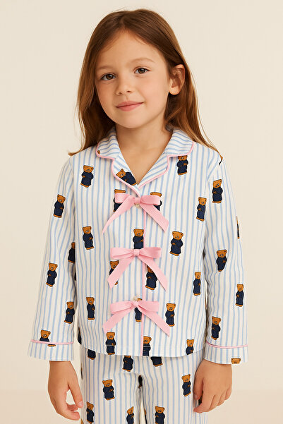 Katia&Bony Girl's Teddy Patterned Pajama Set with Pockets Blue
