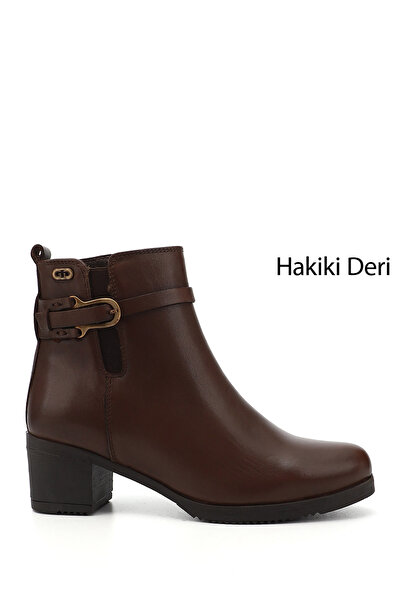 GÖNDERİ(R) حذاء نسائي بني عتيق بسحاب وكعب سميك من الجلد الطبيعي